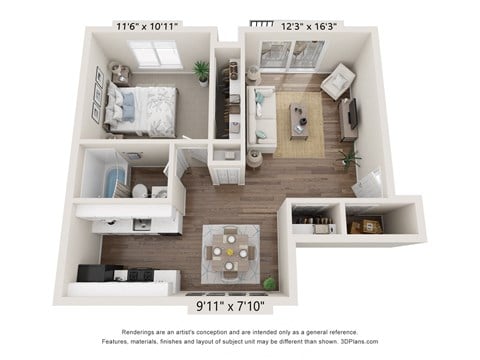 Floor plan for 1 bed, 1 bath, 600 sqft